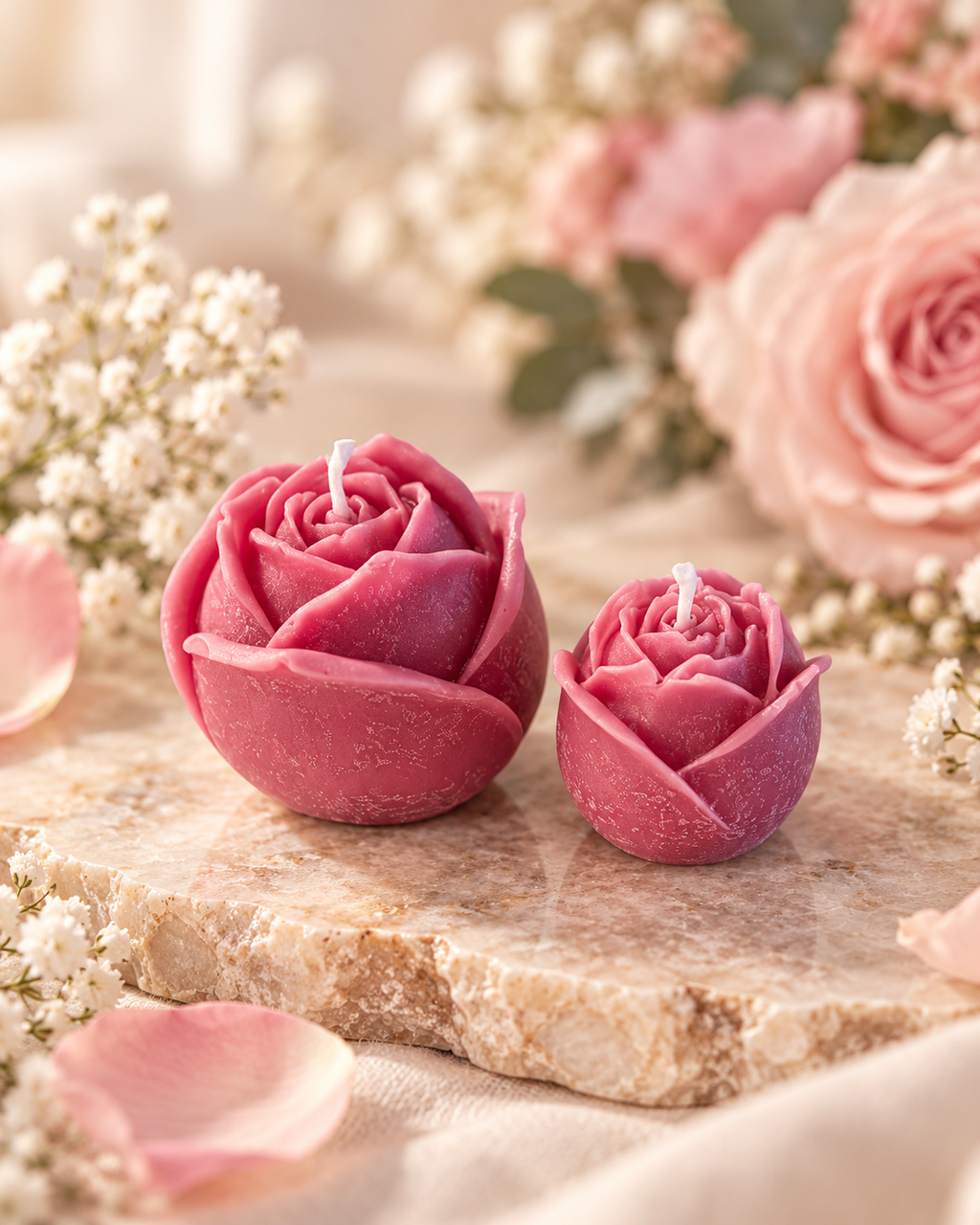 Rose Candle Set of 2 – Handmade Flower Candles, Romantic Floral Home Decor, Gift Set