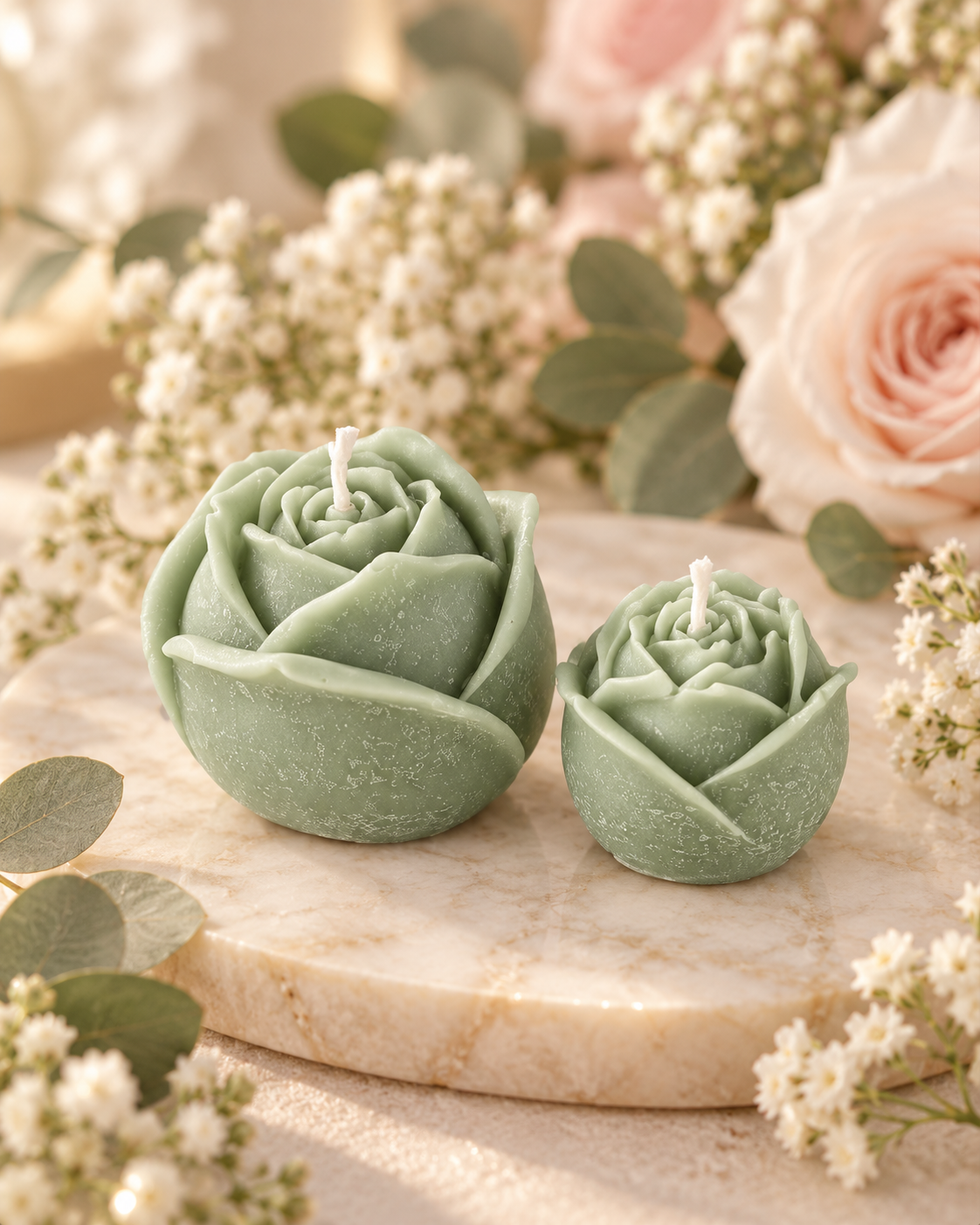 Rose Candle Set of 2 – Handmade Flower Candles, Romantic Floral Home Decor, Gift Set