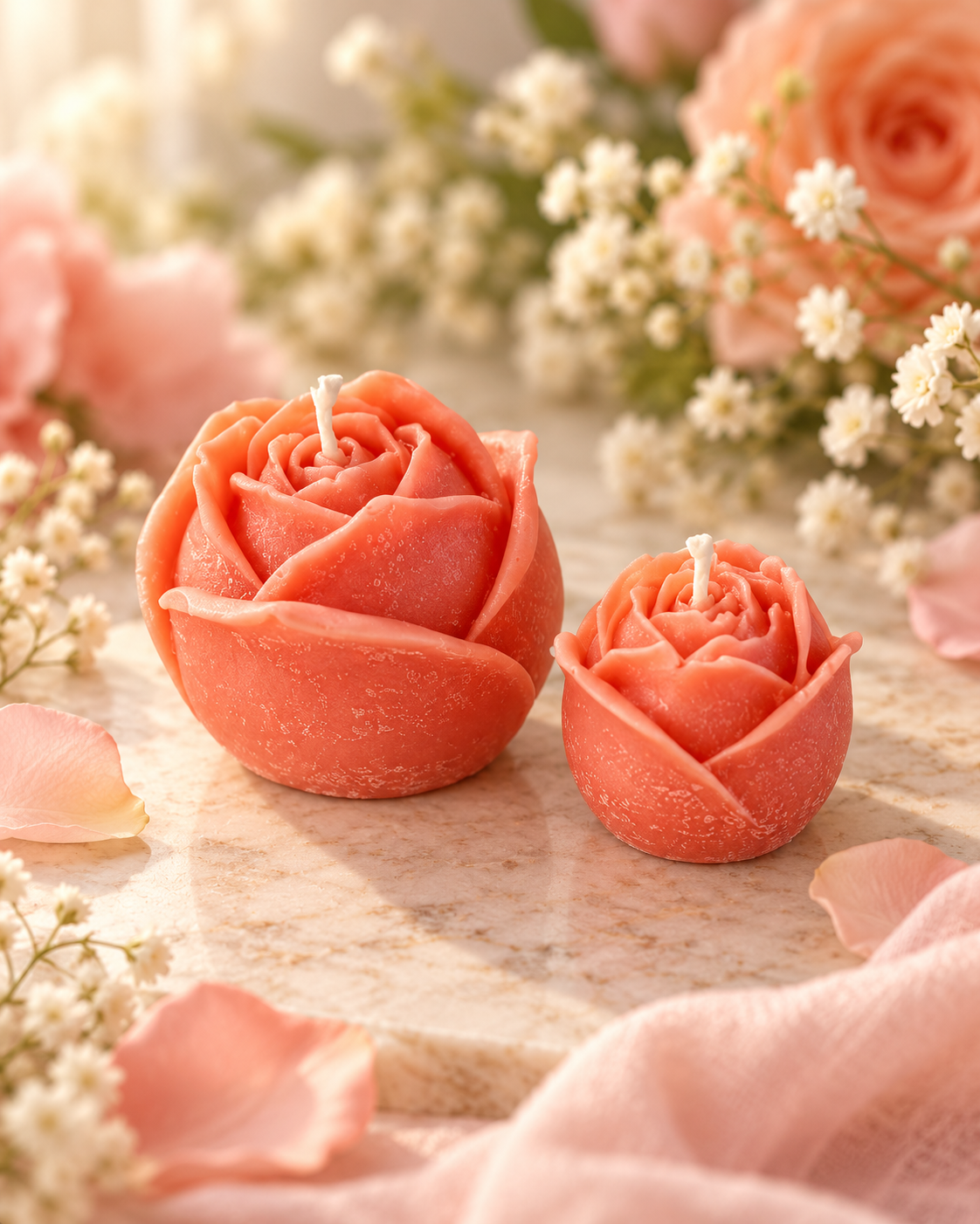 Rose Candle Set of 2 – Handmade Flower Candles, Romantic Floral Home Decor, Gift Set